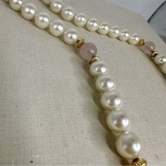 Vintage Napier Faux Pearl w Pink Quartz Beaded Necklace - Picture 3 of 4